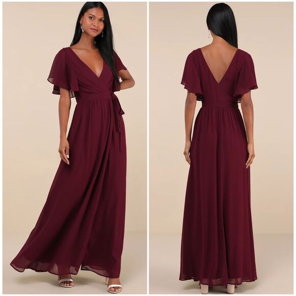 Lulu's Dresses & Skirts - Lulus Convincing Grace Burgundy Flutter Sleeve Wrap Maxi Dress Size Large NEW